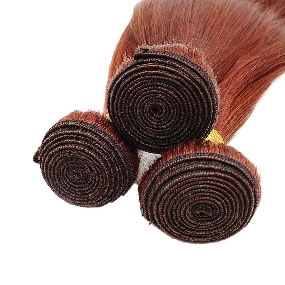 HuxoWax 26 28 30 Inch Copper Red Bundles Color #33 Straight Human Hair Bundles Brazilian Virgin Hair 3 Bundles Copper Brown Straight Bundles Human Hair Reddish Brown Bundles Hair Weave