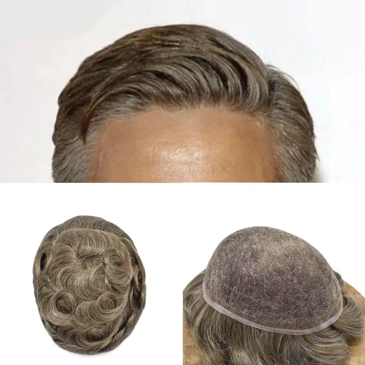 PUNRU HAIR PUNRU HAIR Full French Lace Human Hair System for Men Black Brown Blonde Hair Toupee for Mens Hair Replacement System Bleached Knots Hairpiece 8"X10" #640 Light Brown with 40% gray-100% density