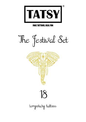 Tatsy Temporary Tattoo Set By Tatsy, The Festival Set, Shiny Glitter Gold, For Women and Men, Original, Unique Design, Cover Up, Fancy Patterns, Waterproof Tattoos, Elephant, Arrows