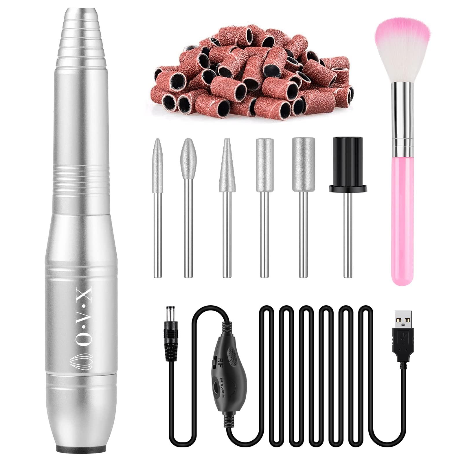 OVX Nail Drills for Acrylic Nails Professional, Portable Electric Nail Filer Kit for Gel Nail with 6 PCS Nail Drill Bits and Sanding Bands Manicure Pedicure Polishing Shape Tools for Home Salon Silvery