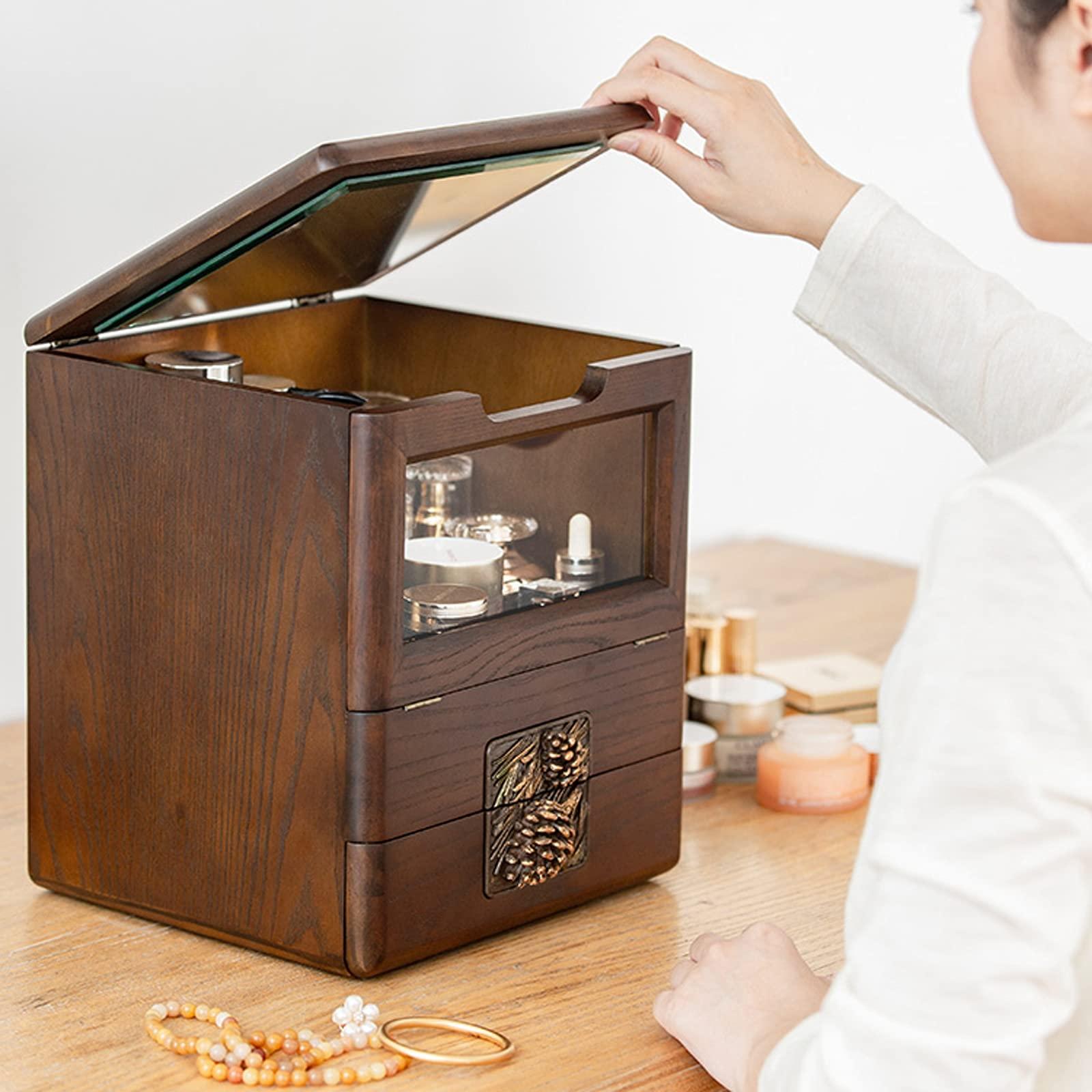 WALDOR Cosmetic Display Cases Wooden Retro Makeup Organizer Cases with Drawers & Mirror Glass Large Capacity Make Up Caddy Shelf for Bathroom Countertop, Bedroom Cosmetic Storage Box