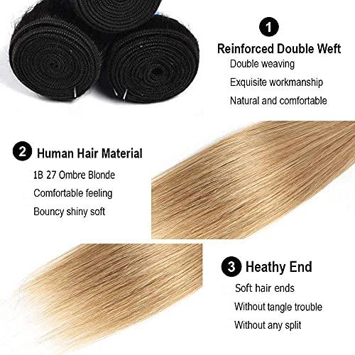 AuokMar 1B/27 Human Hair Bundles Blonde Straight Hunman Hair Bundles 1B27 Color Brazilian Honey Blonde Human hair bundles Ombre Two Tone 3 Bundles Unprocessed Virgin Hair Extensions 16 18 20 Inch