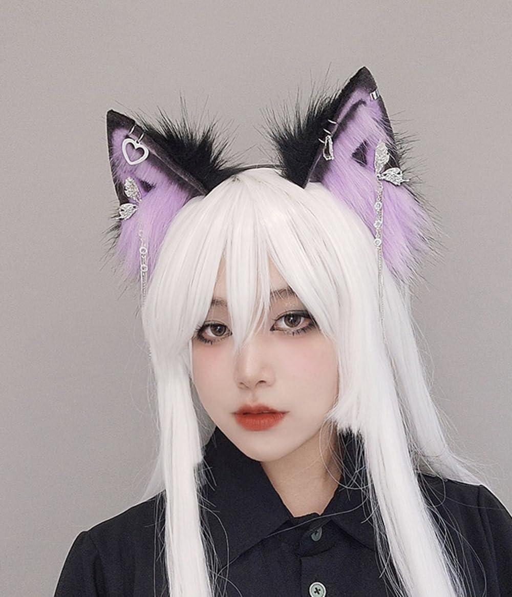 TTYAO REII TTYAO REII Purple Black Fox Cat Wolf Ears Headband Faux Fur Fluffy Animal Ears Head Hoop Exotic Headpiece for Anime Cosplay Party