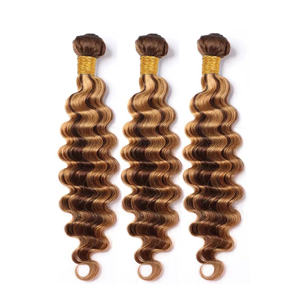 QEUOPE Highlight Deep Wave Bundles Human Hair Honey Blonde Deep Curly Weave Bundles P4/27 Human Hair Bundles Double Weft Brazilian Remy Hair Wet and Wavy Silky Soft Weave Extensions (24 26 28 Inch 3 Bundles)