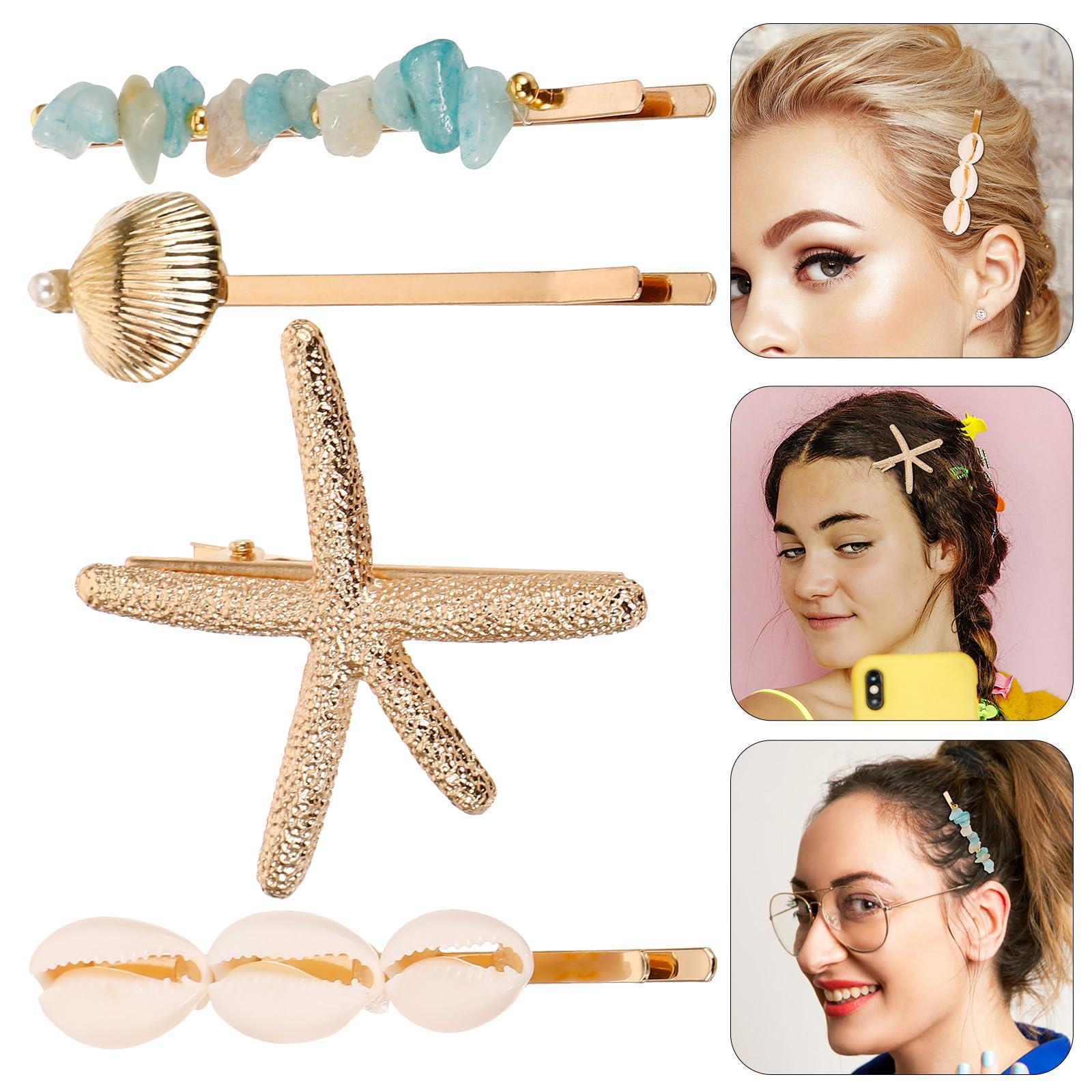 LOGOFUN LOGOFUN 4Pcs Ocean Themed Hair Clip Glitter Seashells Starfish Hairpins Metal Seashell Starfish Hair Styling Tools for Women Girls Summer Holiday Beach Theme Theme Party Hair Accessories