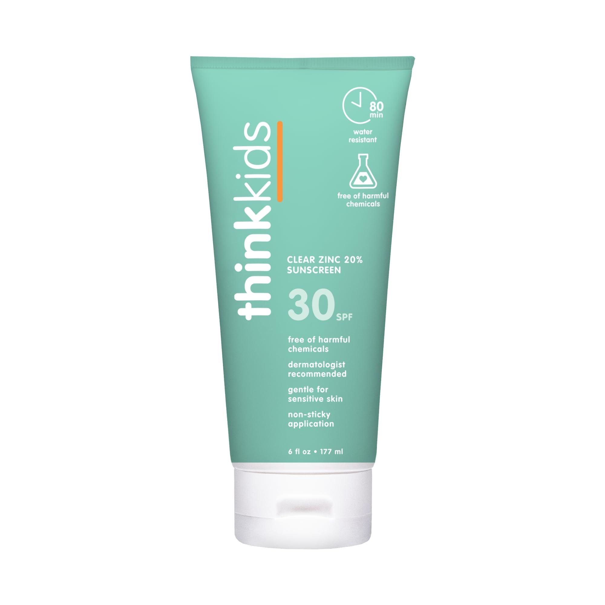 THINK Thinkkids Mineral Sunscreen, SPF 30 Clear Zinc Oxide Sunscreen, 6 Fl Oz, Natural, Water Resistant Reef Safe Sunscreen for Kids, Broad Spectrum UVA/UVB Sun Screen for Sun Protection
