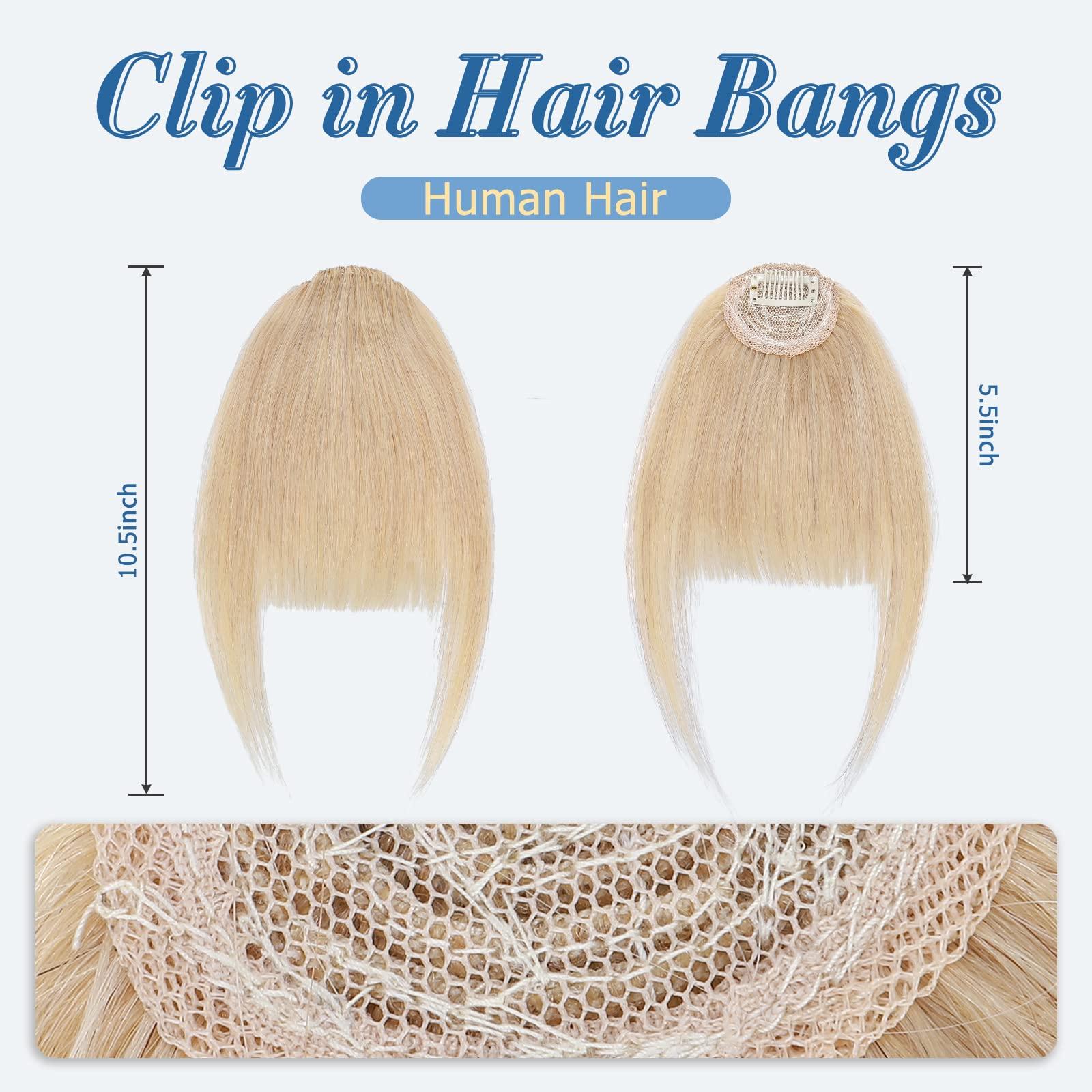 SLEEKALON SLEEKALON Natural Blonde Clip in Bangs Human Hair Wispy Bangs Clip On Blonde Fringe Bang Real Hair Bangs with Temples Full Flat Bangs Clip ins Hairpiece for Women Daily Wear(#24-Natural Blonde)