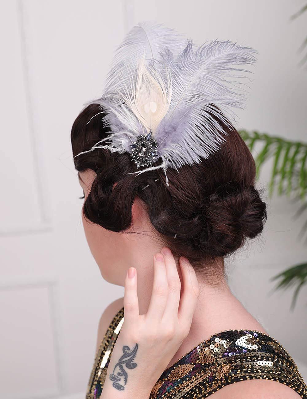 Aimimier Aimimier 1920s Flapper Feather Headband Gray Crystal Tassel Head Chain Headpiece Prom Party Hair Jewelry for Women(Style 2)