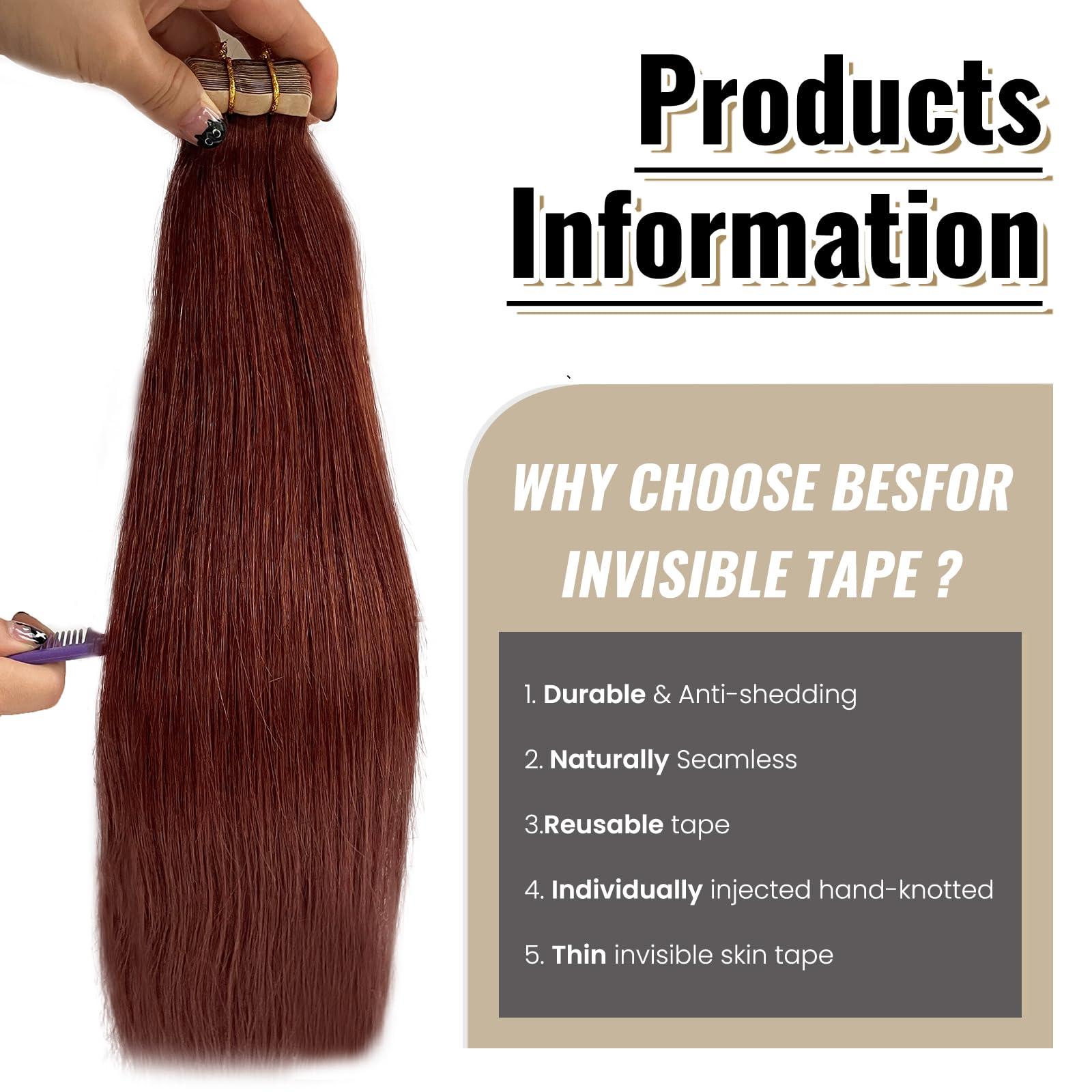 Munx Munx Real Hair Extension Dark Auburn Tape in Human Hair Extension 18inch 20pcs 40g Tape in Remy Silky Straight Natural Hair Extensions