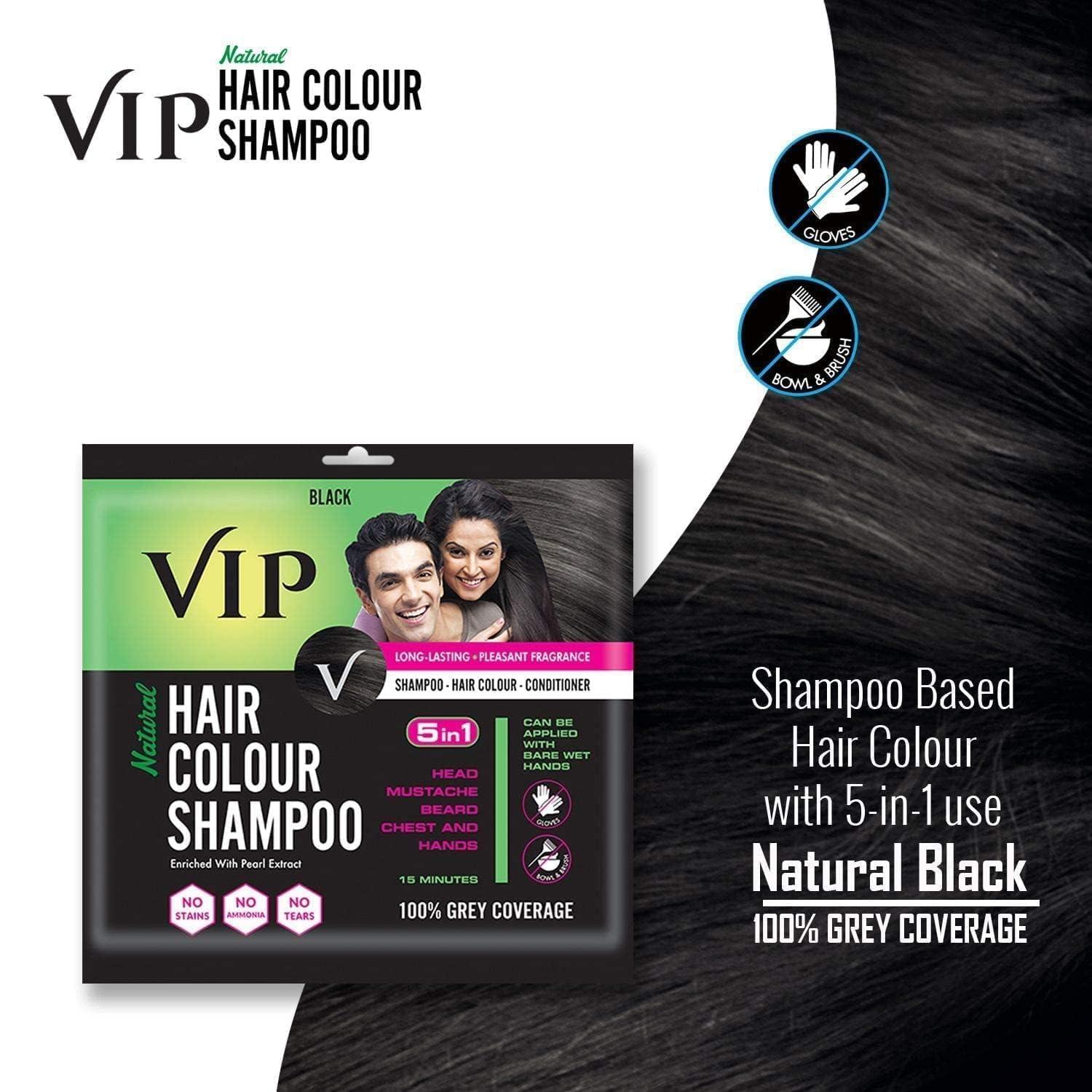 VIMAC VI.P Hair Colour Shampoo Black, 20ml (Pack of 10) | 100% Grey Hair Coverage, Ammonia Free