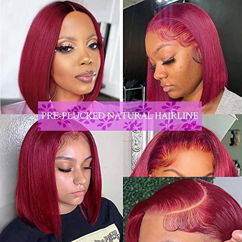 SFD 99J Burgundy Lace Front Wigs Human Hair Bob Wig 13x4 HD Lace Frontal Short Bob Human Hair Wigs for Black Women Human Hair Pre Plucked Natural Hairline Wine Red 8 inch