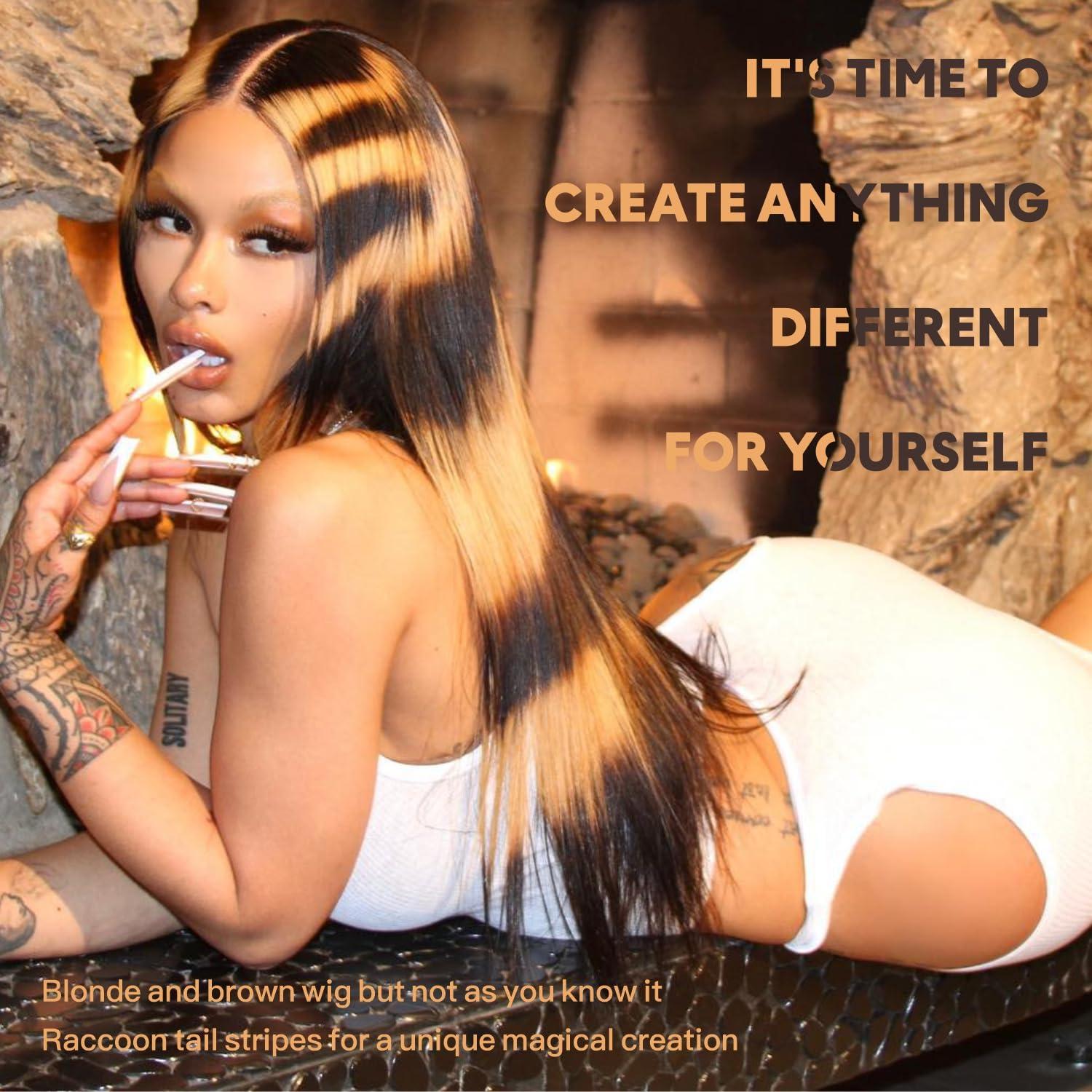 BrownBomb BrownBomb Raccoon Tail Wig Synthetic Lace Front Wig Animal Print Straight Wig, Blonde and Brown Stripes Wig Tiger Print, y2k Wig Raccoon Hair Wigs 26inch