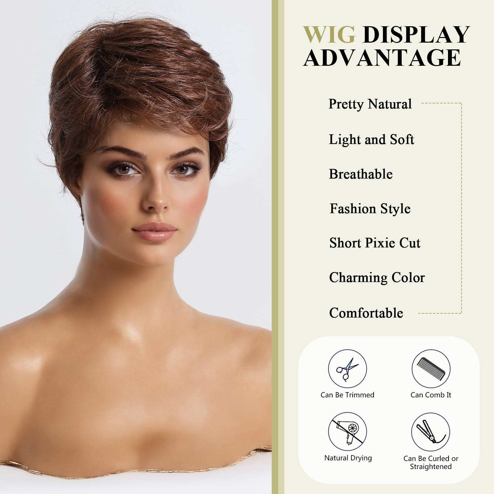 DWY DWY Short Brown Human Hair Blend Wigs for White Women Synthetic Wigs Layered Heat Resistant