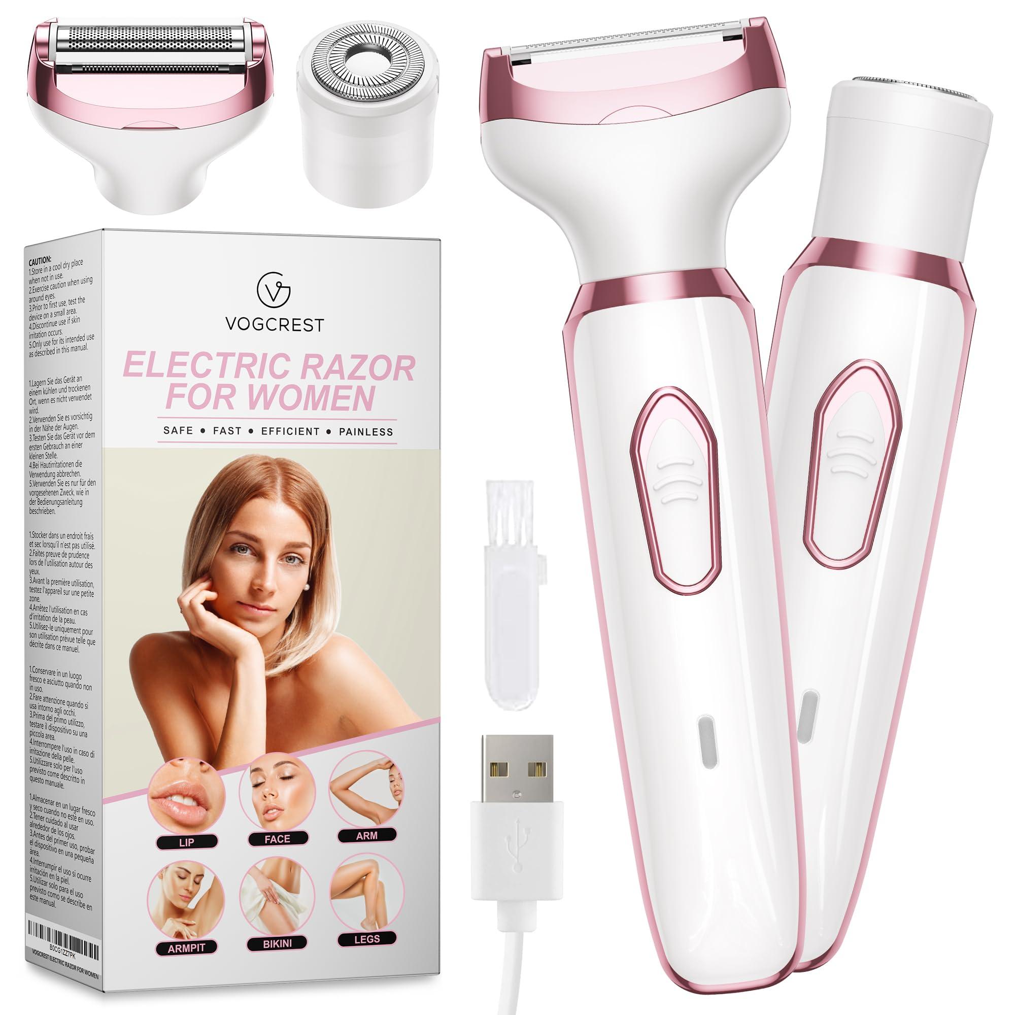 VG VOGCREST Electric Razor - Shaver - Trimmer for Women: 2 in 1 Painless Body Razors and Facial Hair Remover - Rechargeable Hair Removal Kit for Face Body Leg Bikini Underarm Arm