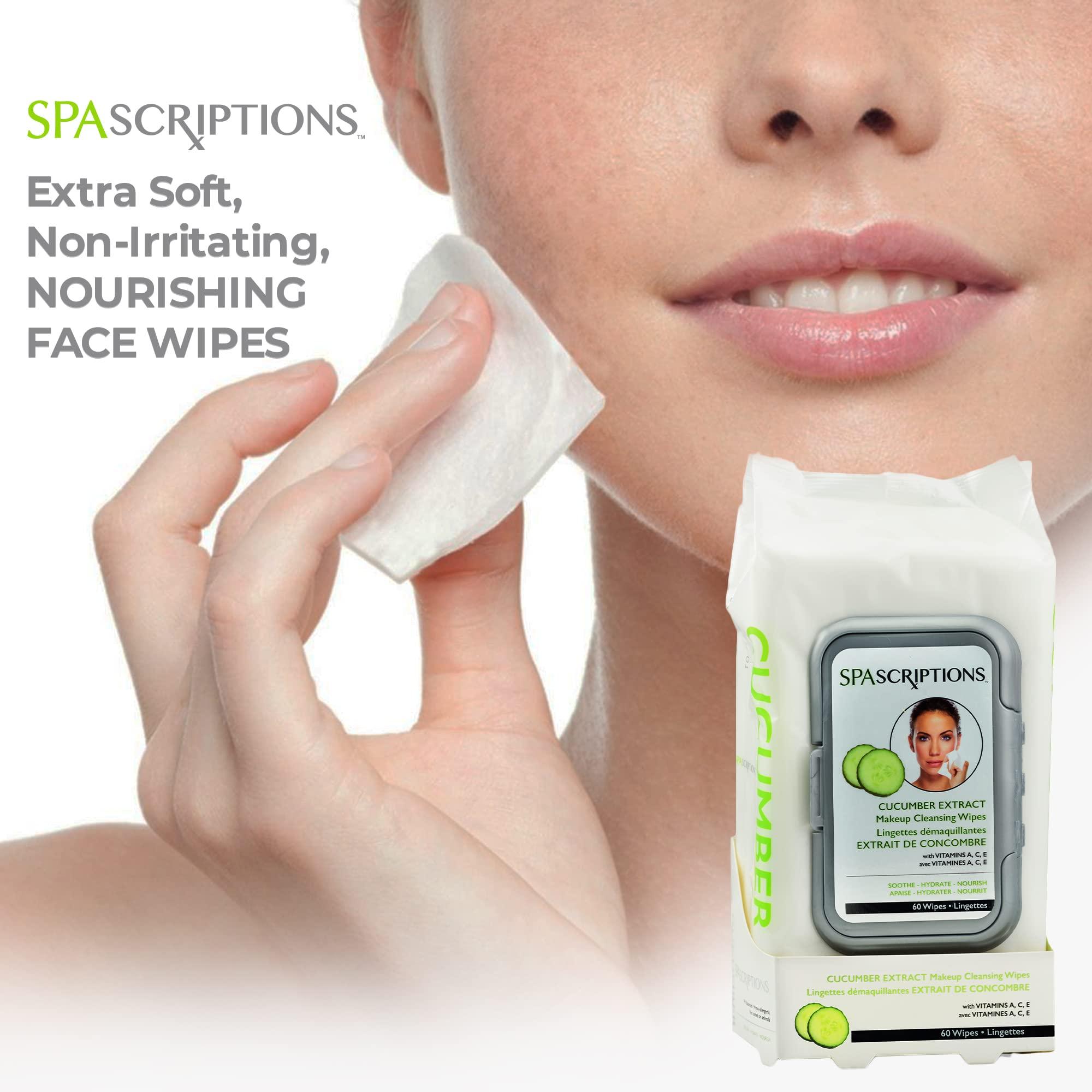 SpaScriptions SpaScriptions Cucumber Makeup and Face Cleansing Wipes - Usable as Even Waterproof Mascara Cleanser Wipes - Face Wipes for Women for Beauty, Personal Care, Gentle and Effective Makeup Cleanser 60 Ct. 1 Pack