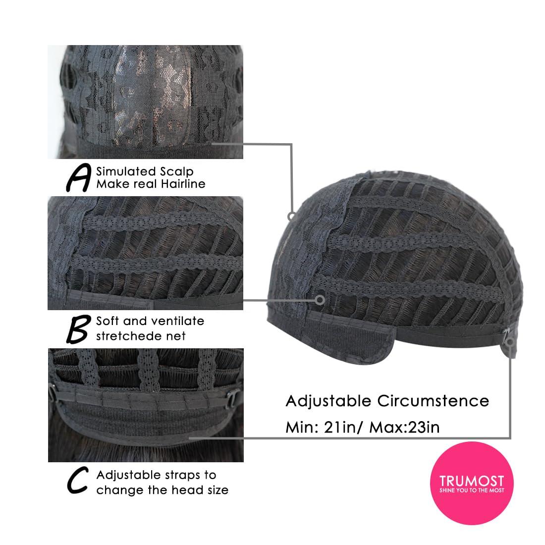 TRUMOST TRUMOST Black Short Wave Wigs with Bangs - Synthetic Realistic Shoulder Length Wavy Wig, Heat Resistant Natural Wig for Women Girls Daily Party Cosplay Use 12 in