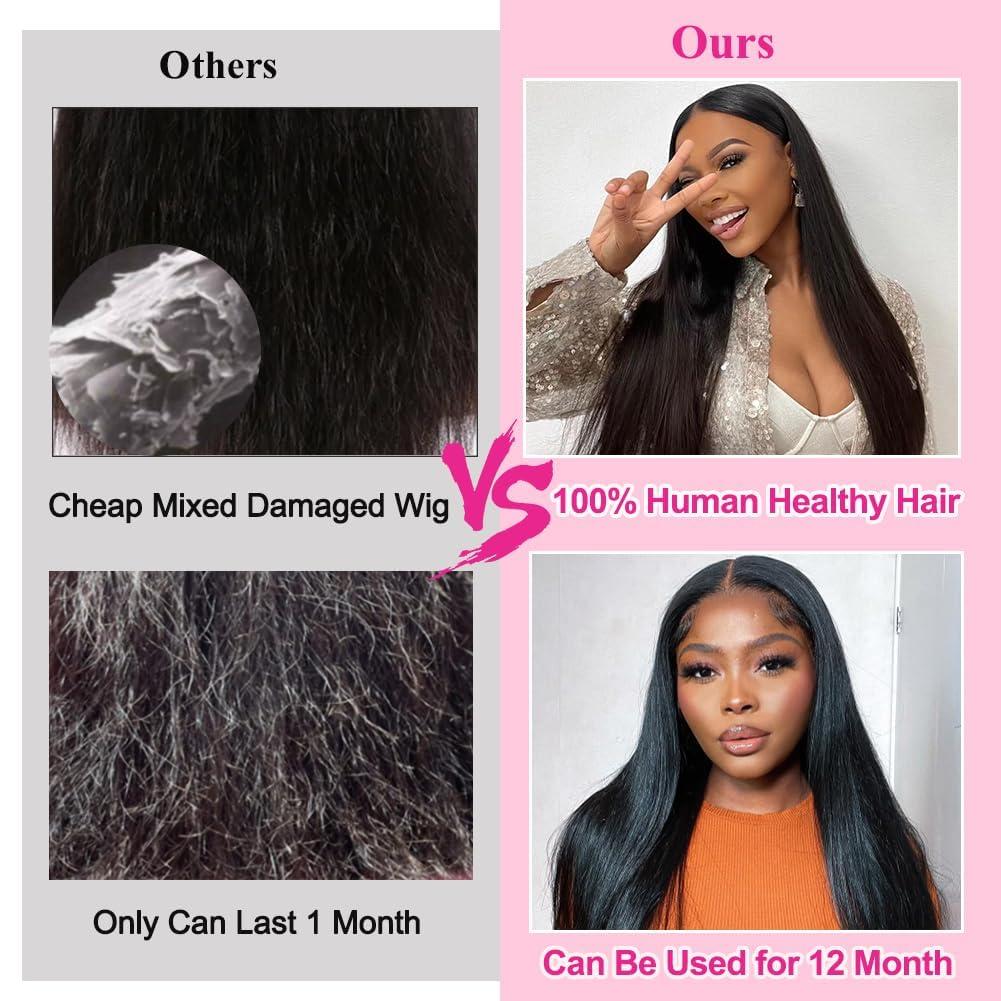 COUGARBEAUTY COUGARBEAUTY 24 Inch Lace Front Wig Human Hair Straight HD Lace Frontal Wig Human Hair 13x6 200 Density Glueless Wigs Human Hair Pre Plucked with Baby Hair for Women Natural Black Human Hair Wig