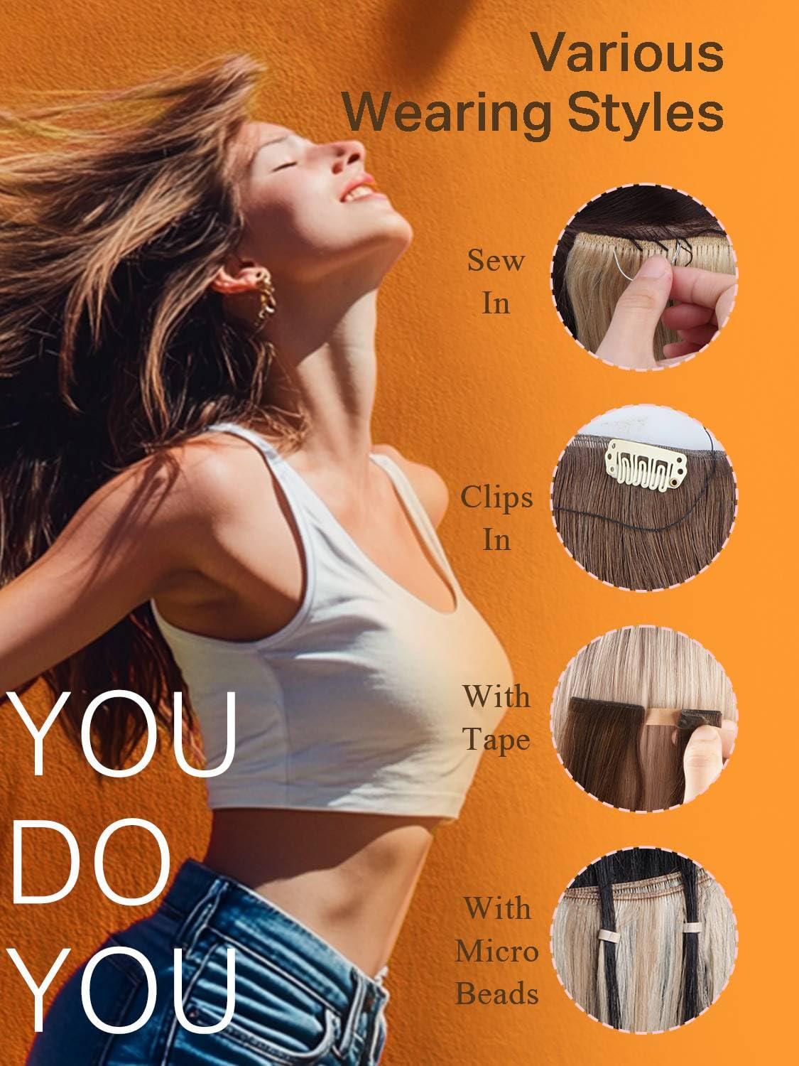 DOORES DOORES Sew in Hair Extensions Weft Hand Tied Hair Extensions, 18 Inch Dark Brown 50g, Sew in Hair Extensions Bundles