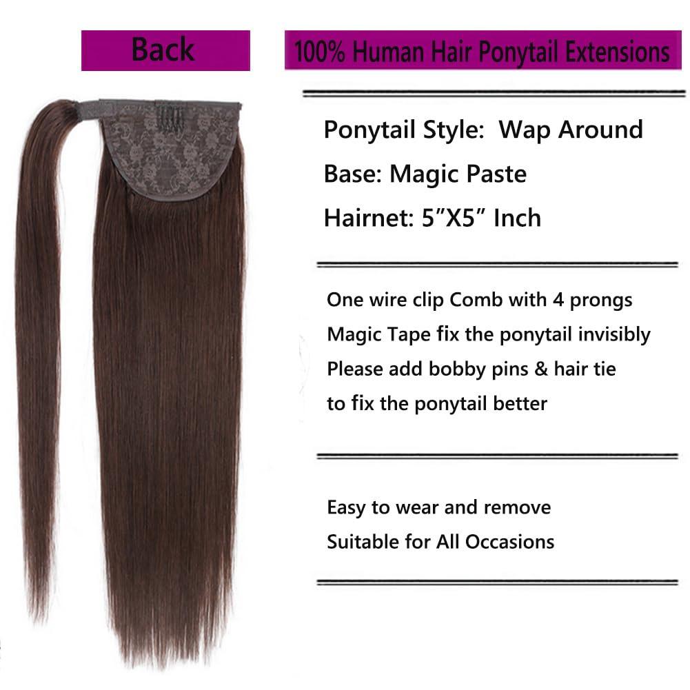 Kiss darling LASHES Long Straight Ponytail Extension 24 Inch Wrap Around Medium Black Ponytail Human Hair Magic Paste with 2 Clips in Hairpiece for Women 200g, 4 Chocolate Brown