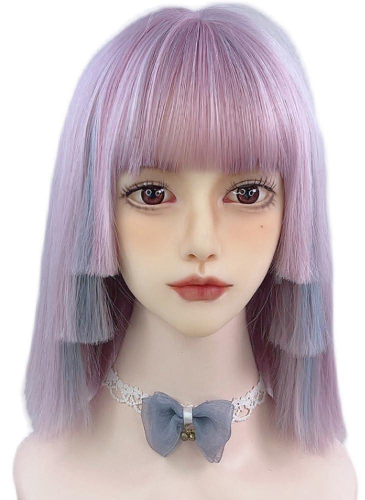 TEDPRBGE TEDPRBGE Women Highlight Ombre Purple Blue Hime Cut Hair Wig with Bangs Natural Looking Synthetic Wig Heat Resistant Hair Wig for Daily Party (Purple Blue)