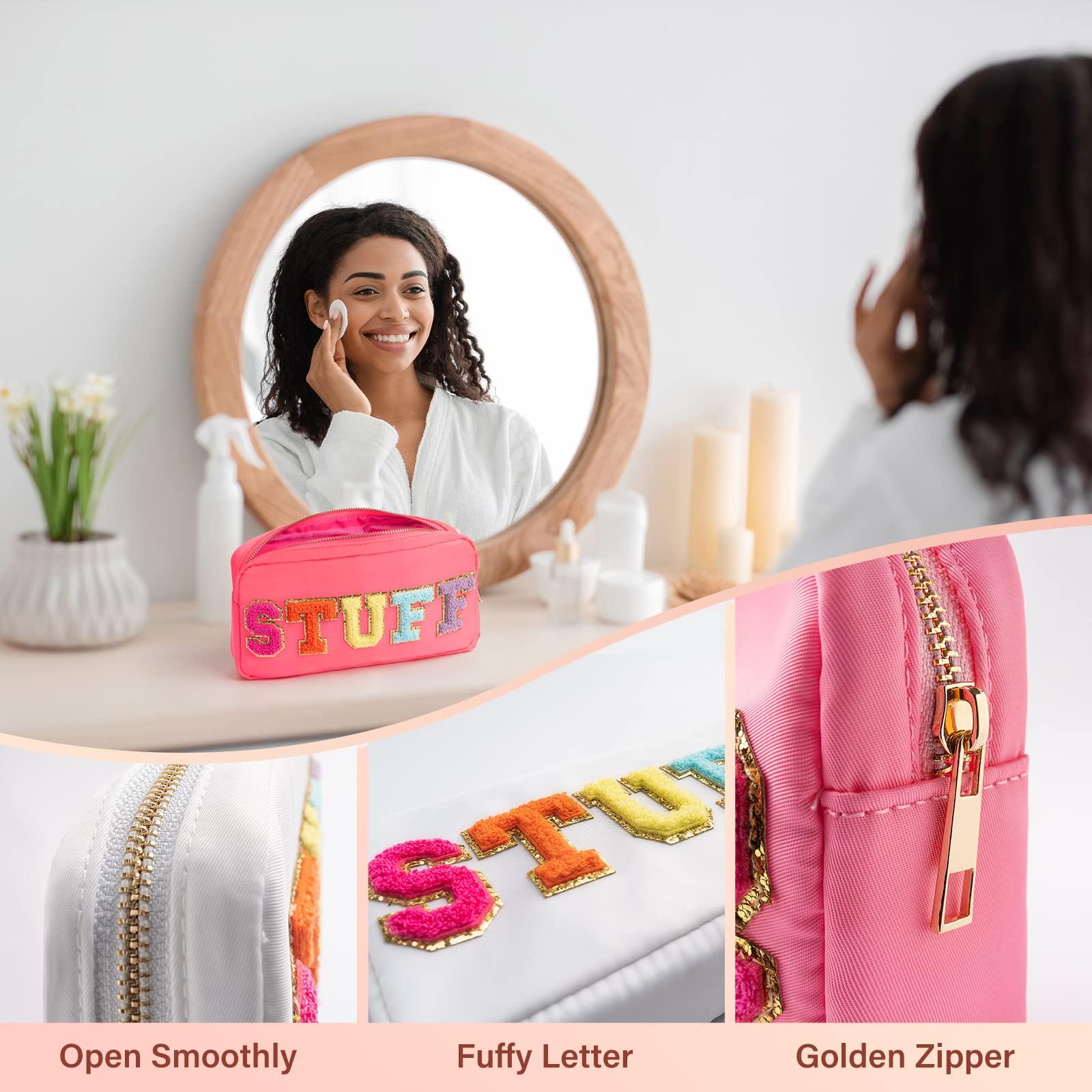 Zoosa Sparkle Chenille Initial Cosmetics Clutch, Nylon Preppy Patch Makeup Bag Small Travel Makeup Zipper Pouch Purse with Handle