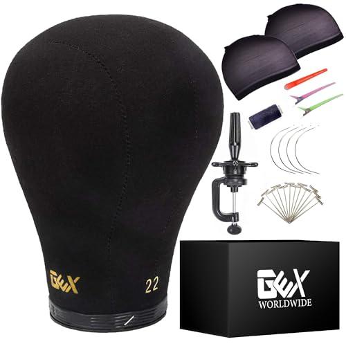 GEXWORLDWIDE GEX 20"-24" Canvas Cork Wig Block Mannequin Head for Wig Making Drying Styling Display with Table C Clamp Stand Holder (Black 22.5")