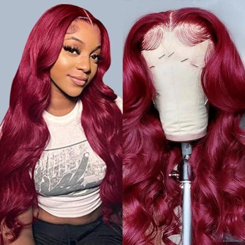 Rruaneal Rruaneal 13x4 99J Burgundy Lace Front Wigs Human Hair Pre Plucked 26Inch Burgundy Body Wave Lace Front Wigs Human Hair 180% Density Red Lace Front Wigs Human Hair