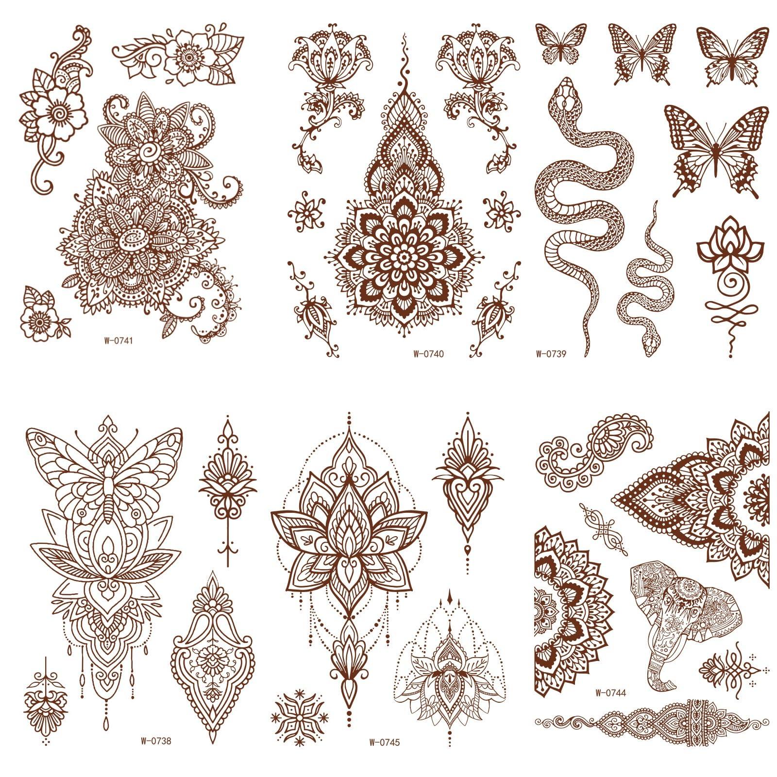 Anomocia 23 Pcs Brown Henna Tattoo Kit Waterproof Temporary Fake Tattoo Stickers for Women Girls DIY on Body Face Arms Legs