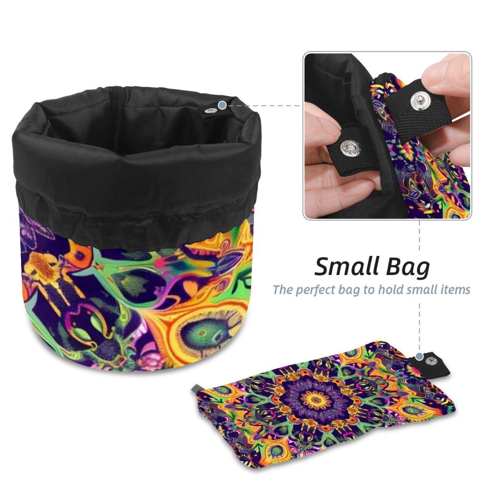 LSHDNG Travel Cosmetic Bags bucket Makeup Bag, Art Psychedelic Mandala Hippie Women Portable Foldable Cases, Multifunctional Toiletry Bucket Bags Round Organizer Storage