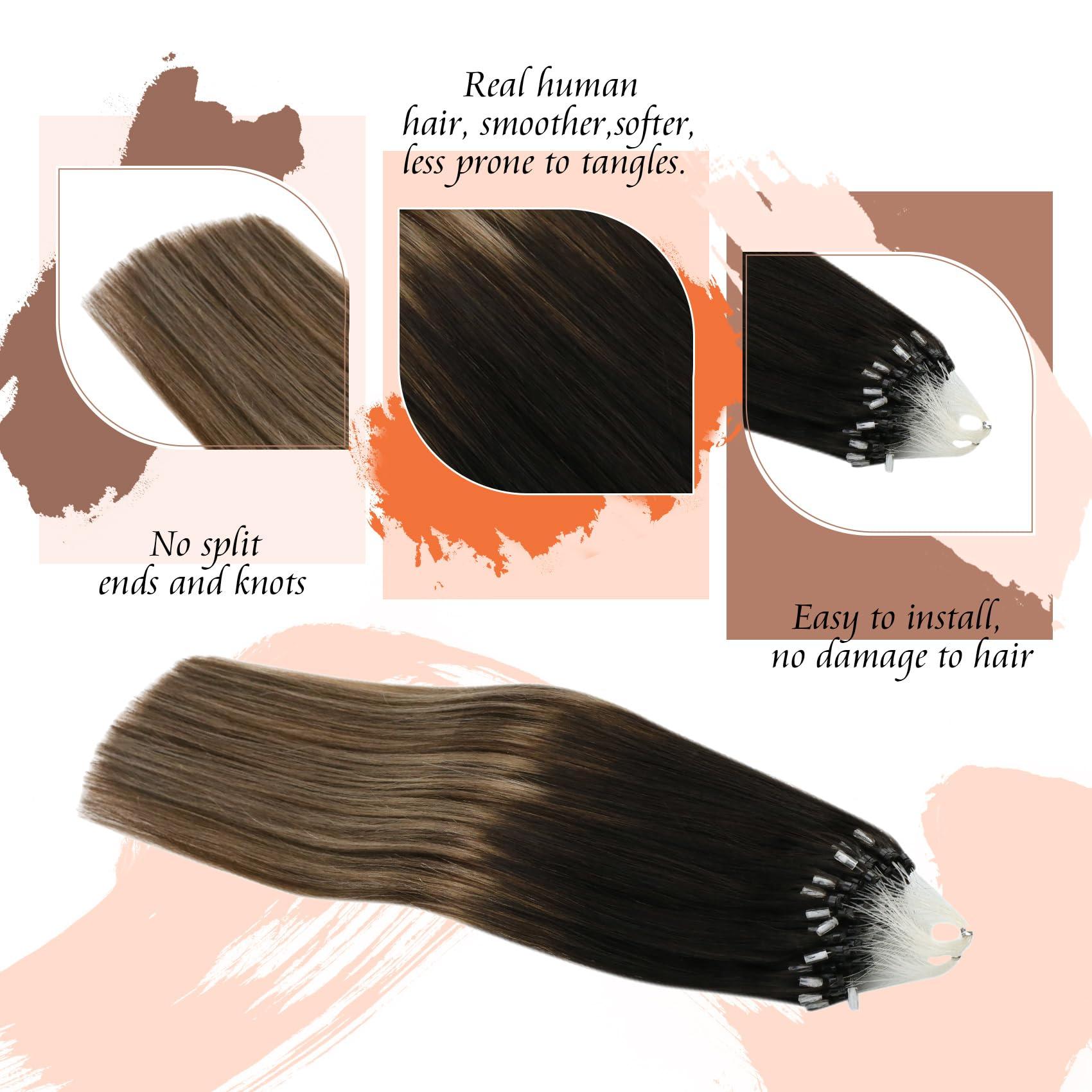 Sunny Hair Sunny Hair Micro Link Hair Extensions Human Hair MicroLink Hair Extensions Human Hair Black Balayage Dark Brown Ombre Medium Ash Blonde Micro Beads Hair Extensions Simplify Maintenance 50g 22inch