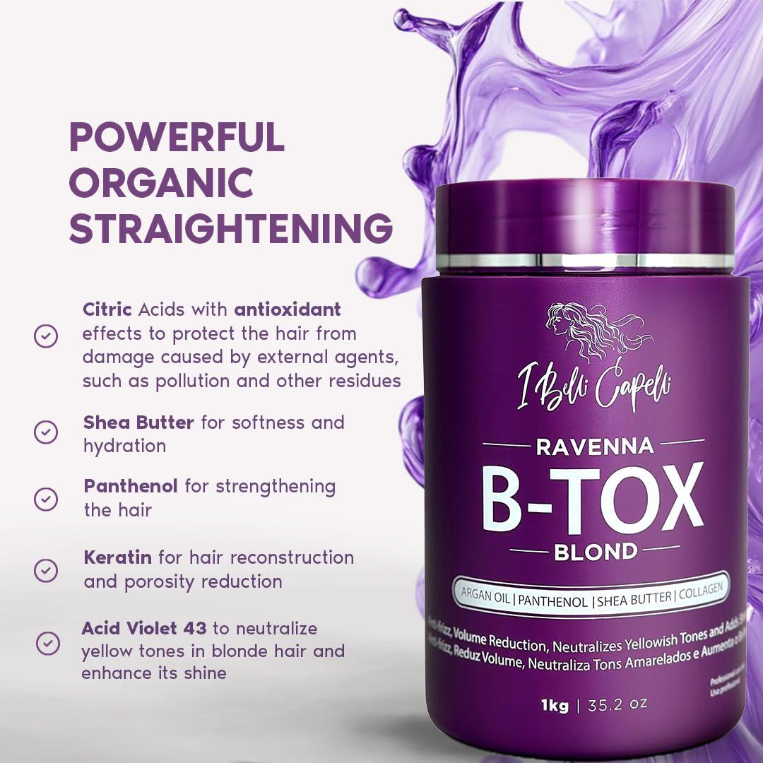 I Belli Capelli Ravenna B-tox Blond Kit - Hair Botox Treatment (1 Kg/35.2 Fl Oz) Formaldehyde-Free + Hair Mask for Damaged Hair (1,5 Kg/ 52.9 fl oz) - Straightening, Intense Shine & Moisture for Blondes