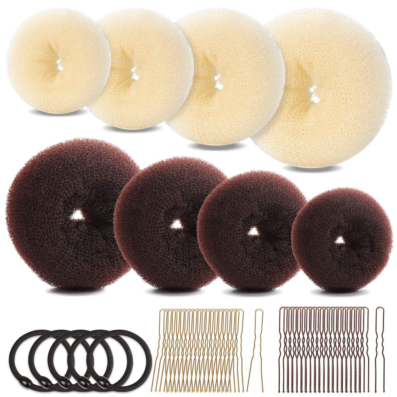 Fandamei FANDAMEI Hair Bun Maker Set, Donut Bun Maker Set With 4pcs Dark Brown &4pcs Beige(2 extra-large,2 large,2 medium and 2 small), 5 pieces Hair Elastic Bands, 40 pieces Hair Bobby Pins (Brown and Gold)