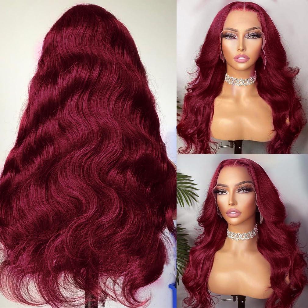 Rruaneal Rruaneal 13x4 99J Burgundy Lace Front Wigs Human Hair Pre Plucked 26Inch Burgundy Body Wave Lace Front Wigs Human Hair 180% Density Red Lace Front Wigs Human Hair