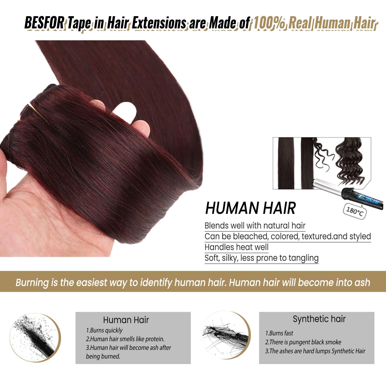 Munx Wine Red Tape in Hair Extensions Human Hair Invisible Hair Extensions Tape in Burgundy Tape in Extensions Real Hair Seamless Tape in Human Hair Extensions 22 Inch #99J 20pcs 60g