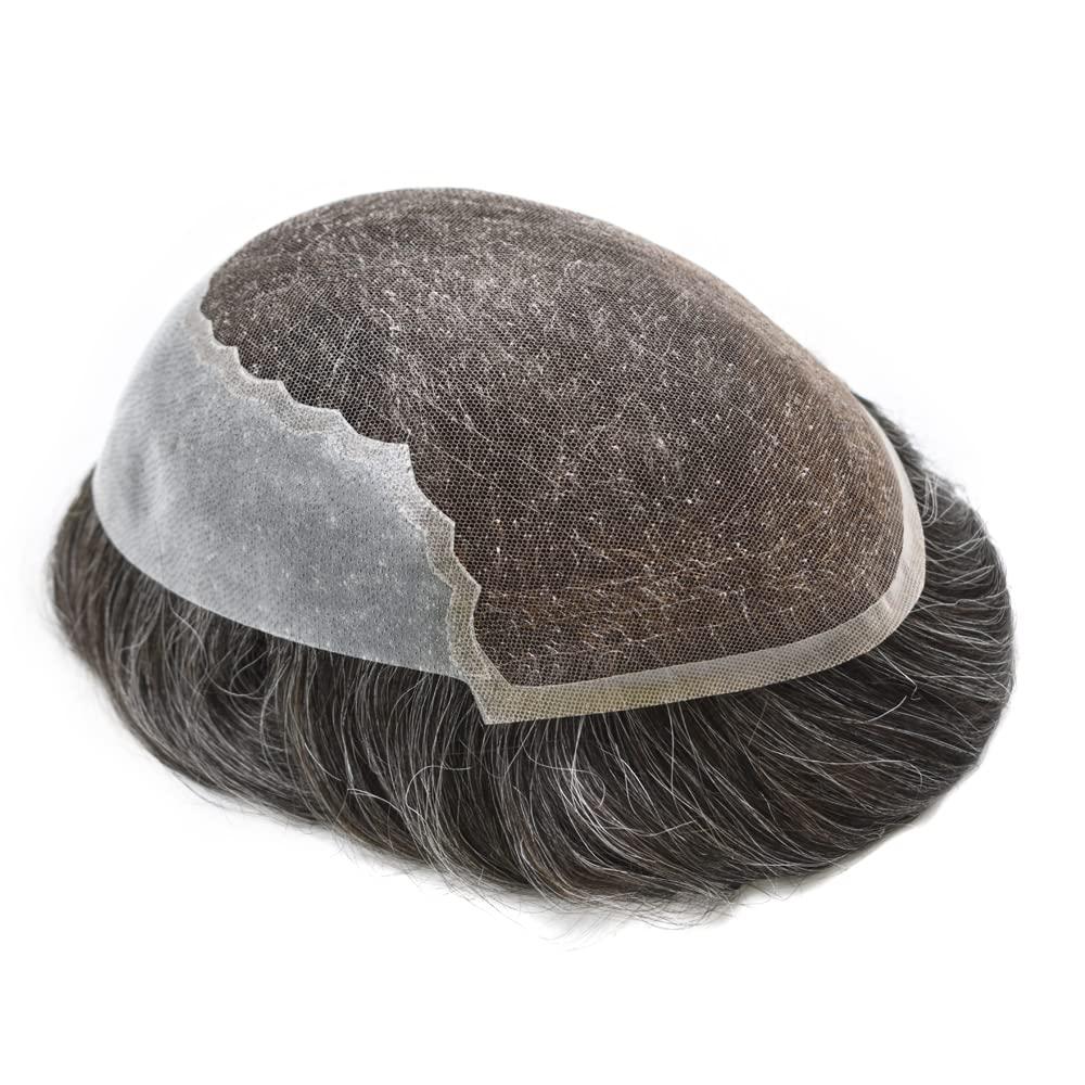 DR Hair Toupee For Men Hair System French Lace Real Human Hair Replacment System Lace Front Blached Knot Mens Toupee Hair Pieces Nantural Hairline8x10 light to Medium density#240 2# DARKEST BROWN+40% GREY