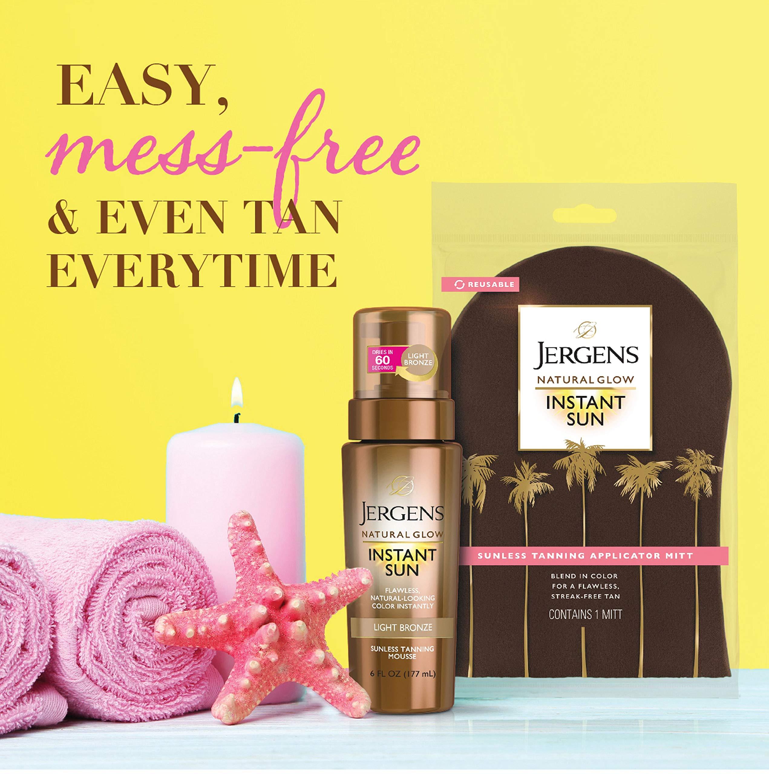 Jergens Jergens Natural Glow Instant Sun Body Mousse, Light Bronze Tan, 6 Ounce Sunless Tanning with Natural Glow Body Applicator Mitt, Flawless, Streak-free Tanning Blender Glove