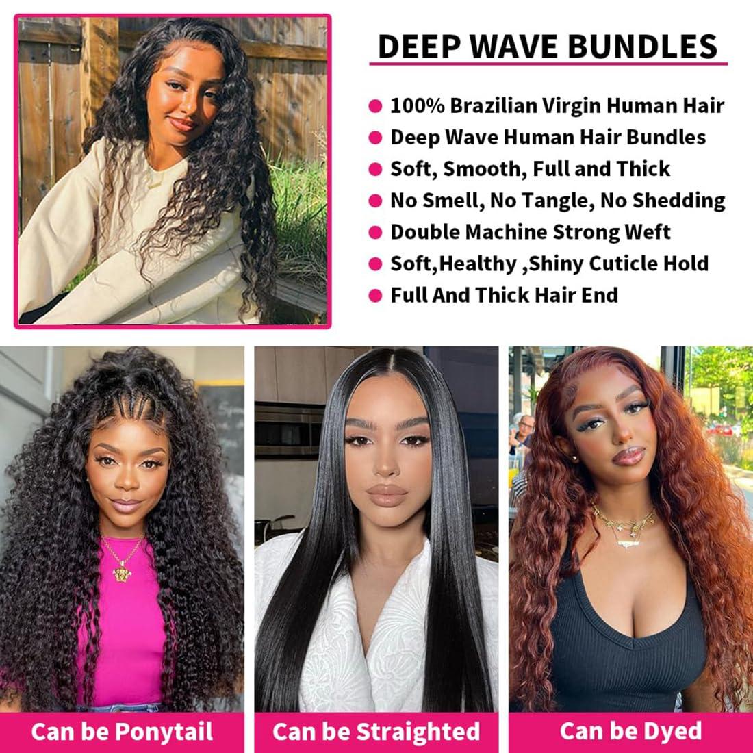 Chikamlty Deep Wave Bundles Human Hair 14 Inch Single Bundle Upgrade Brazilian Virgin Hair Bundles Deep Curly Bundle Water Wave Bundles Deep Wave One Bundle Human Hair for Black Women Natural Black