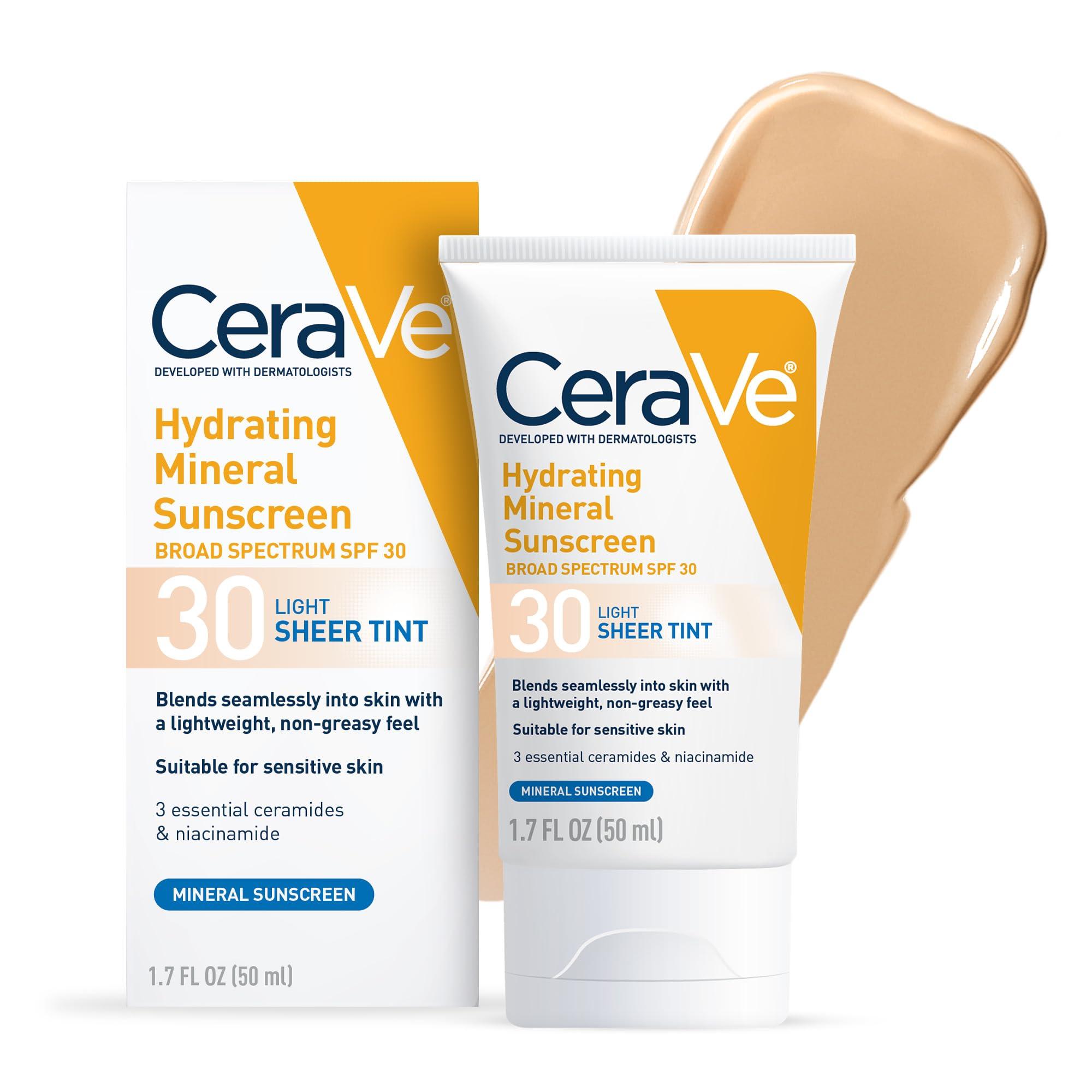CeraVe CeraVe Hydrating Mineral Sunscreen SPF 30 with Sheer Tint, Tinted Mineral Sunscreen with Zinc Oxide & Titanium Dioxide, Blends Seamlessly For Healthy Glow, Light, 1.7 Oz