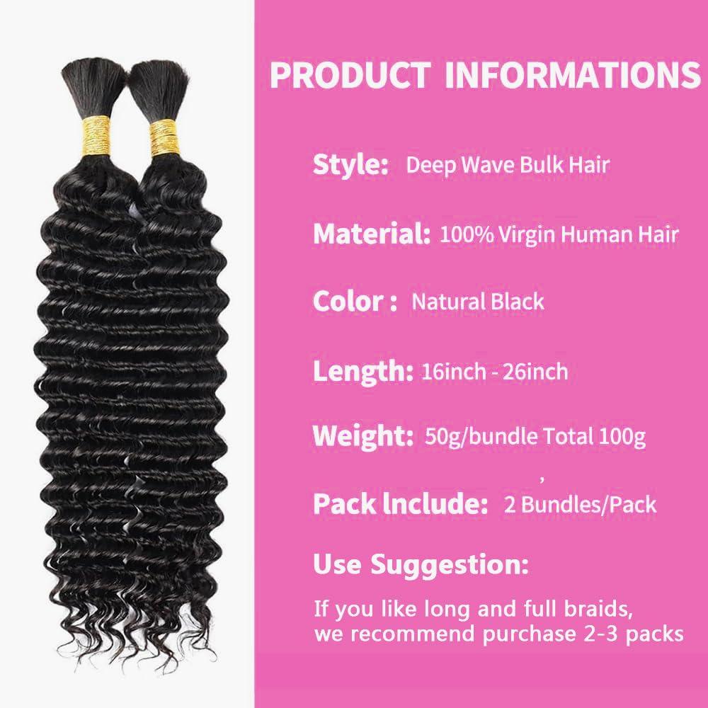 FDX FDX Human Braiding Hair for Boho Braids 18 Inch Deep Wave Bulk Human Hair for Braiding 2 Bundles Bohemian Boho Hair for Braiding 100% Brazilian Curly Wet and Wavy Human Braiding Hair 1B Black