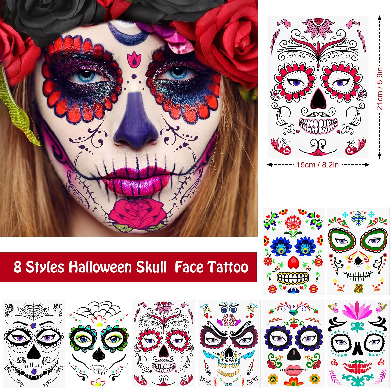 WILLBOND WILLBOND Day of the Dead Headband Halloween Crown Rose Floral Veil Headband Headpiece with 8 Pieces Halloween Temporary Face Tattoos Dead Sugar Skull Tattoos for Costume Party (Red Black,Vivid Style)