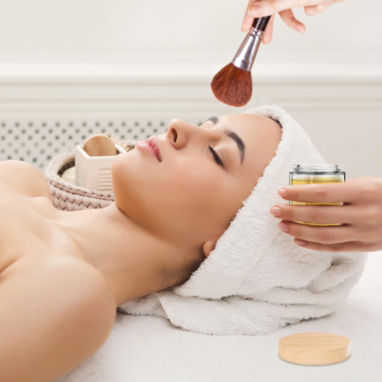 Tecohouse Small Glass Containers with Lids, 4 oz Glass Jars with Plastic Woodgrain Lids & Inner Liners, Reusable Travel Containers for Creams, Makeup, Lotion, Cosmetic - 16 pack