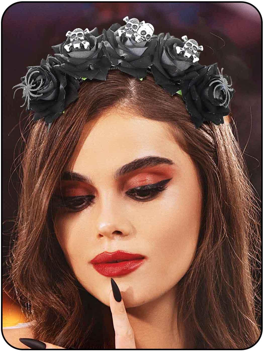 Woeoe Woeoe Halloween Skull Headband Black Rose Flower Costume Day of the Dead Headpiece Spider Mexican Floral Crown for Women and Girls