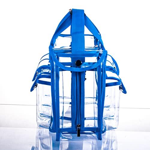 Tense Edano Wide Opening Large Professional Clear PVC Travel Makeup Artist Set Bag Cosmetic Nails Beauty Bag Transparent Vinyl Tool Organizer Work Bag Beach Bag Diaper Bag with 6 External Pockets & Strap (Blue)