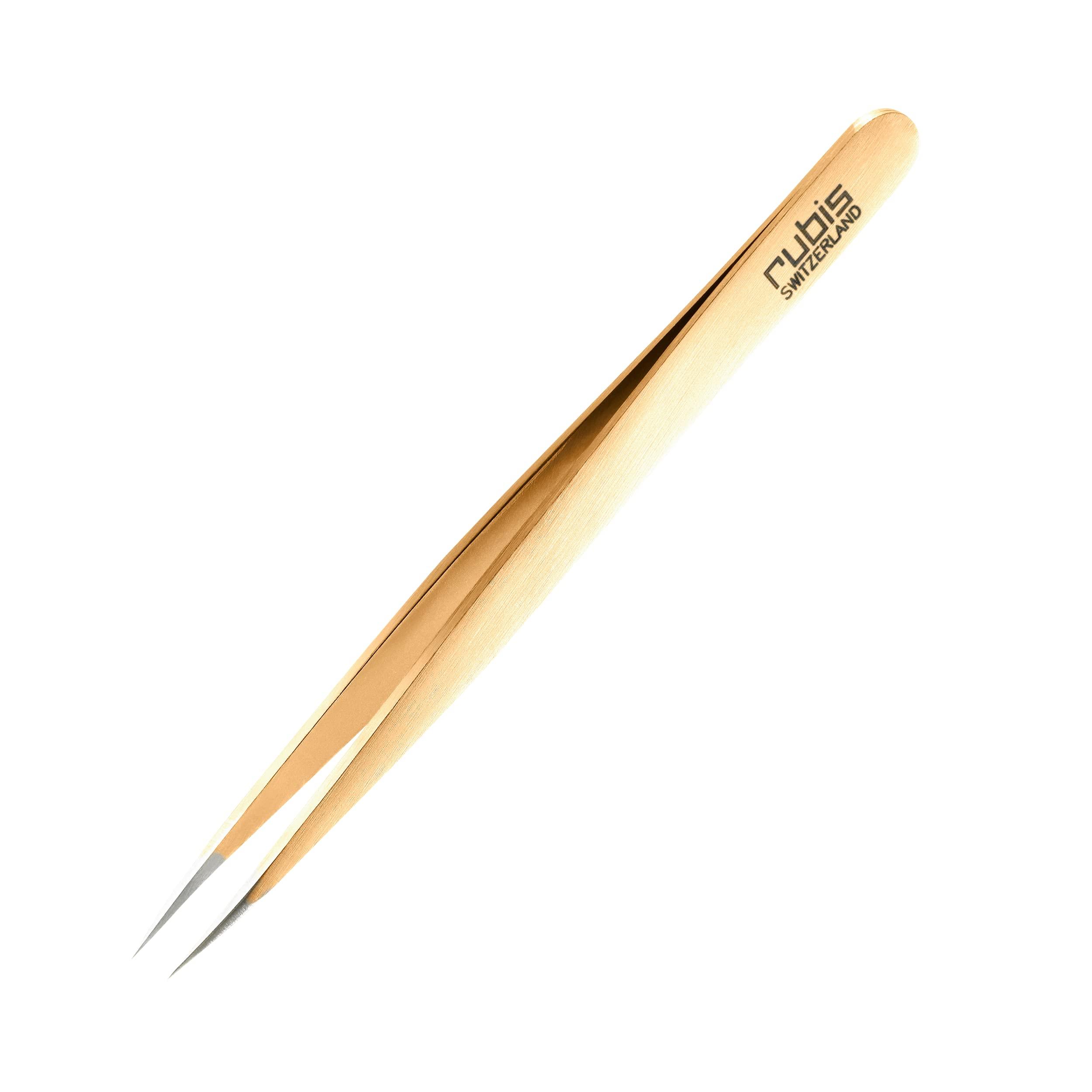 Rubis Rubis Stainless Steel Pointed Tweezers for Precise Eyebrows and Hair Removal, 1K003, Made in Switzerland, Gold