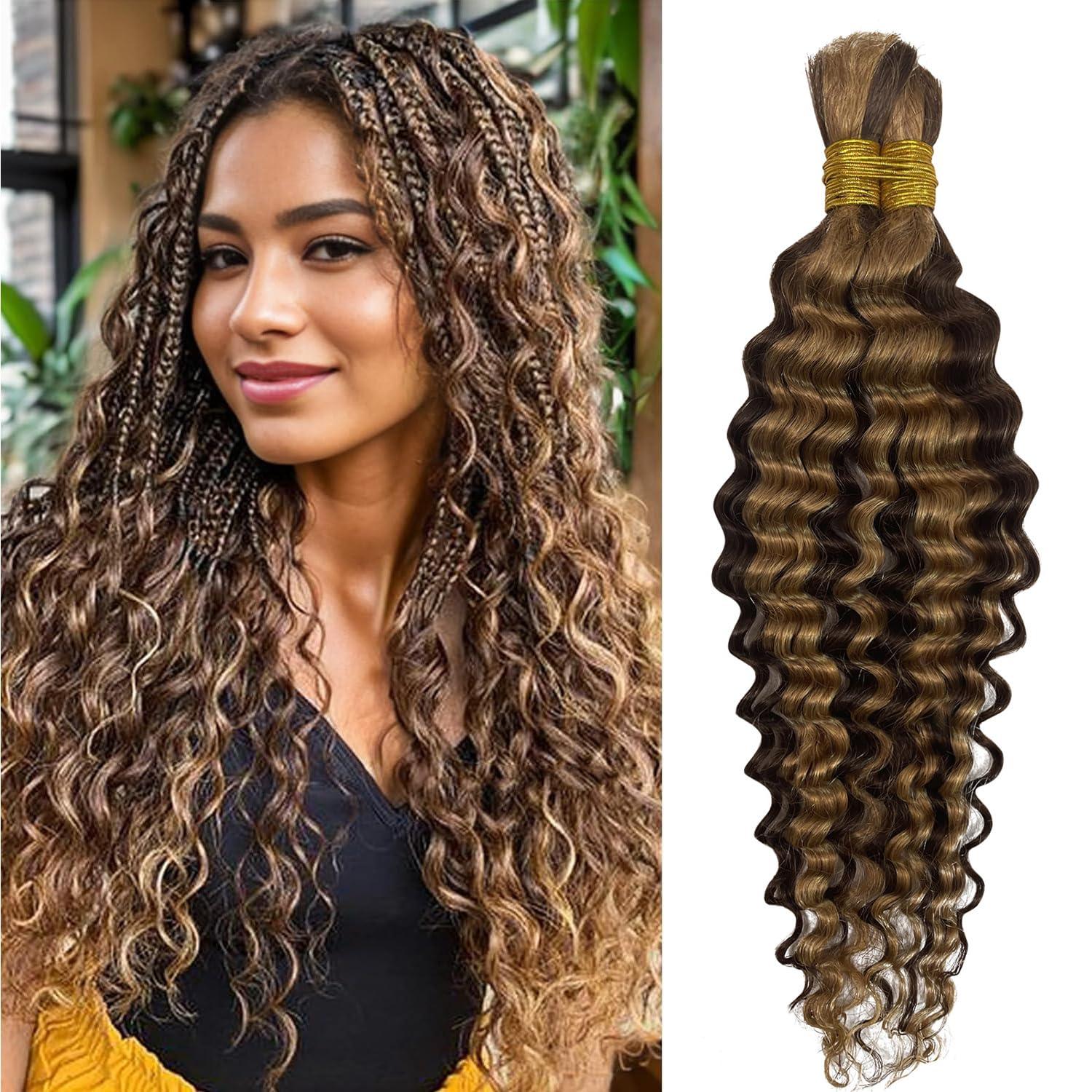 ONICE Human Braiding Hair For Boho Braids Deep Wave Bulk Human Hair for Braiding Wet And Wavy Human Braiding Hair Extensions No Weft 100% Brazilian Virgin Curly Human Braiding Hair (24 Inch, 4/27)
