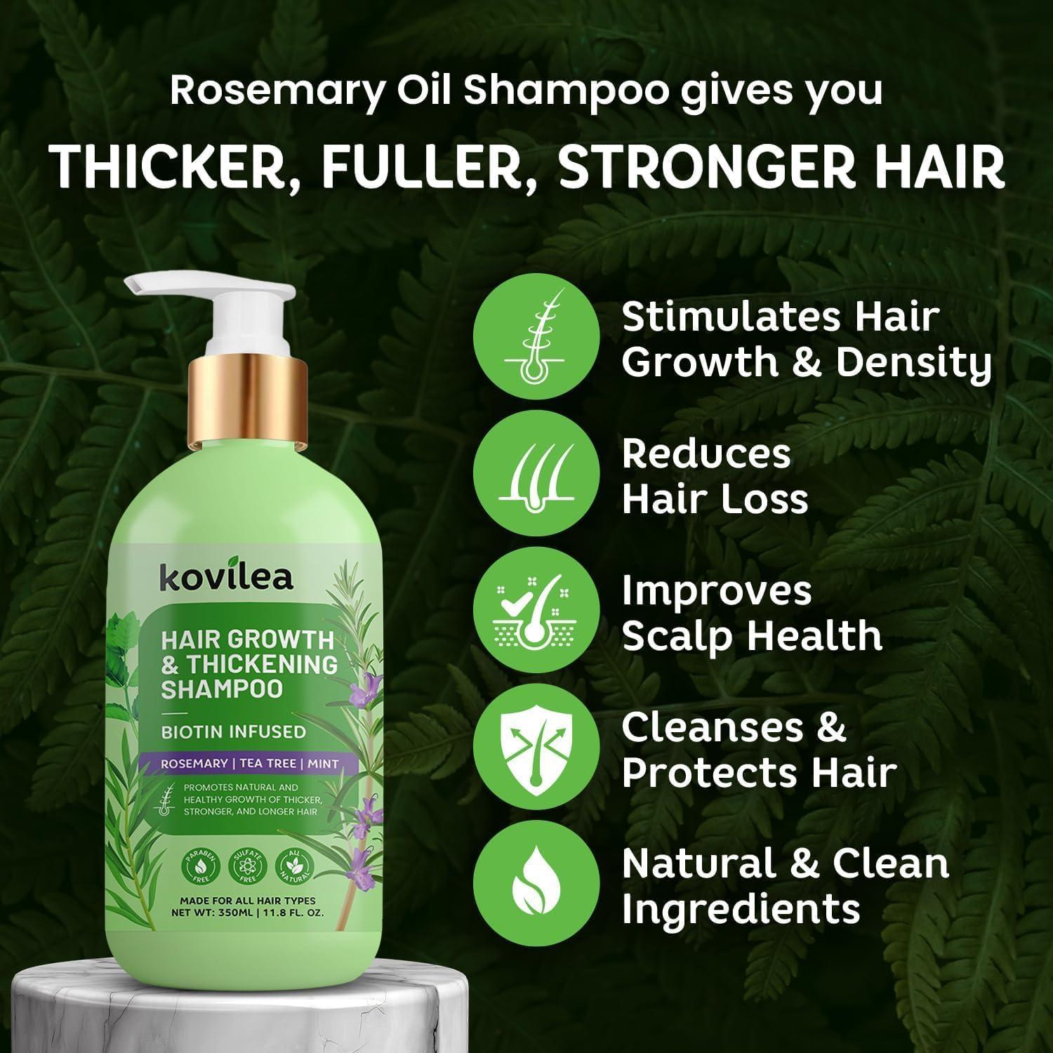 Kovilea Rosemary & Biotin Hair Growth Shampoo for Women & Men, Natural Thickening & Regrowth Formula, Tea Tree Mint Strengthening Shampoo with Castor Oil - For Thinning Hair, Hair Loss, All Hair Types 10.1 Oz
