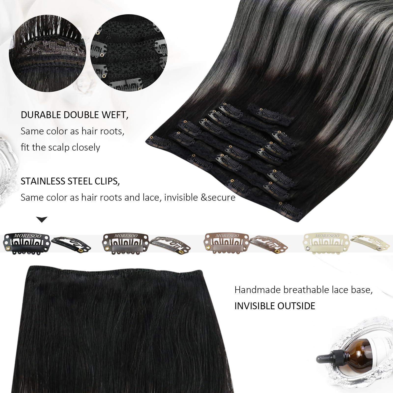 Moresoo Moresoo Seamless Clip in Hair Extensions Human Hair Balayage Black Silver Human Hair Clip in Extensions Ombre Silver 2packs 14inch with 16inch