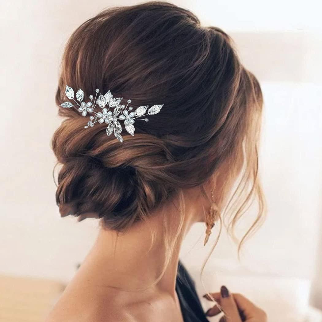 EVILD Evild Leaf Bride Wedding Hair Comb Silver Pearl Rhinestone Hair Piece Flower Crystal Bridal Hair Accessories for Women