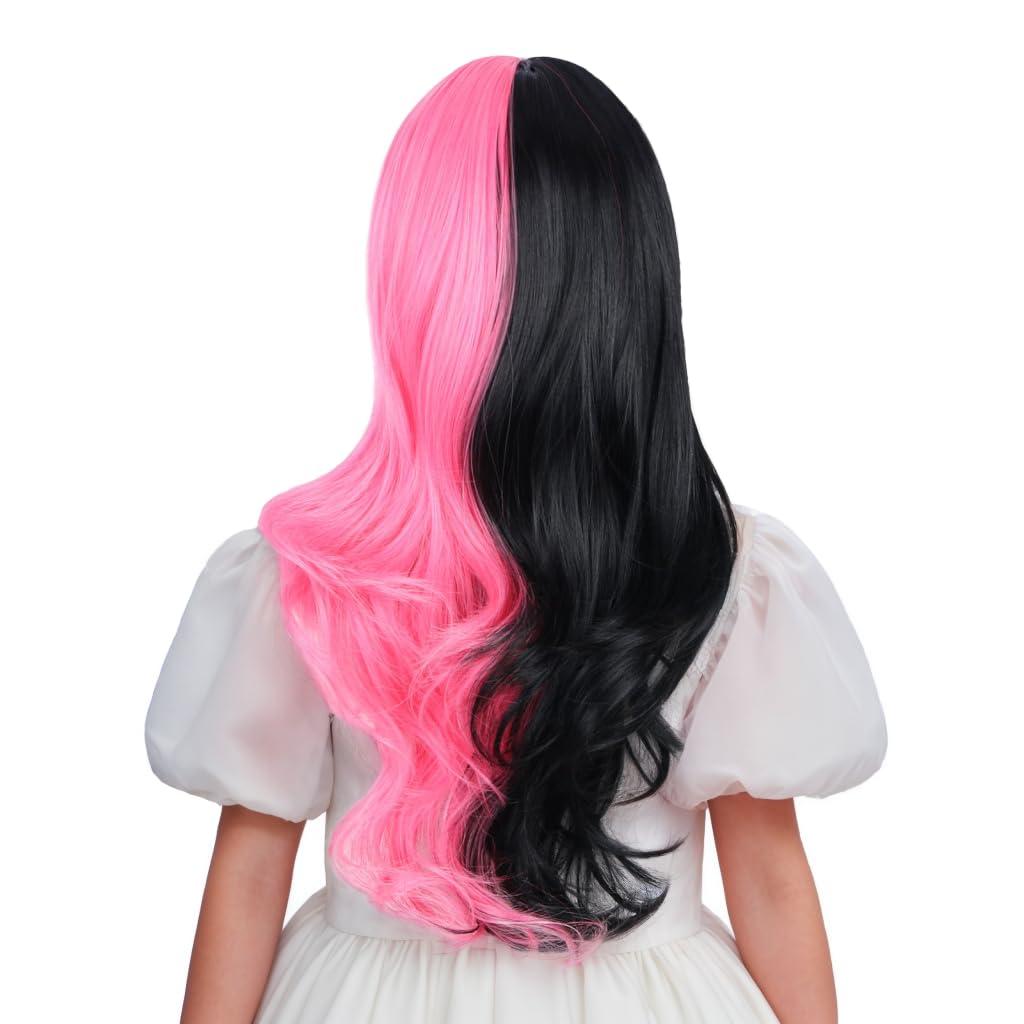 Edivd Edivd Kids Half Pink and Half Black Wig Long Pink Mixed Black Wig with Flat Bangs for Girls Long Wavy Curly Black and Pink Wig for Children Heat Resistant Synthetic Wig with Wig Cap