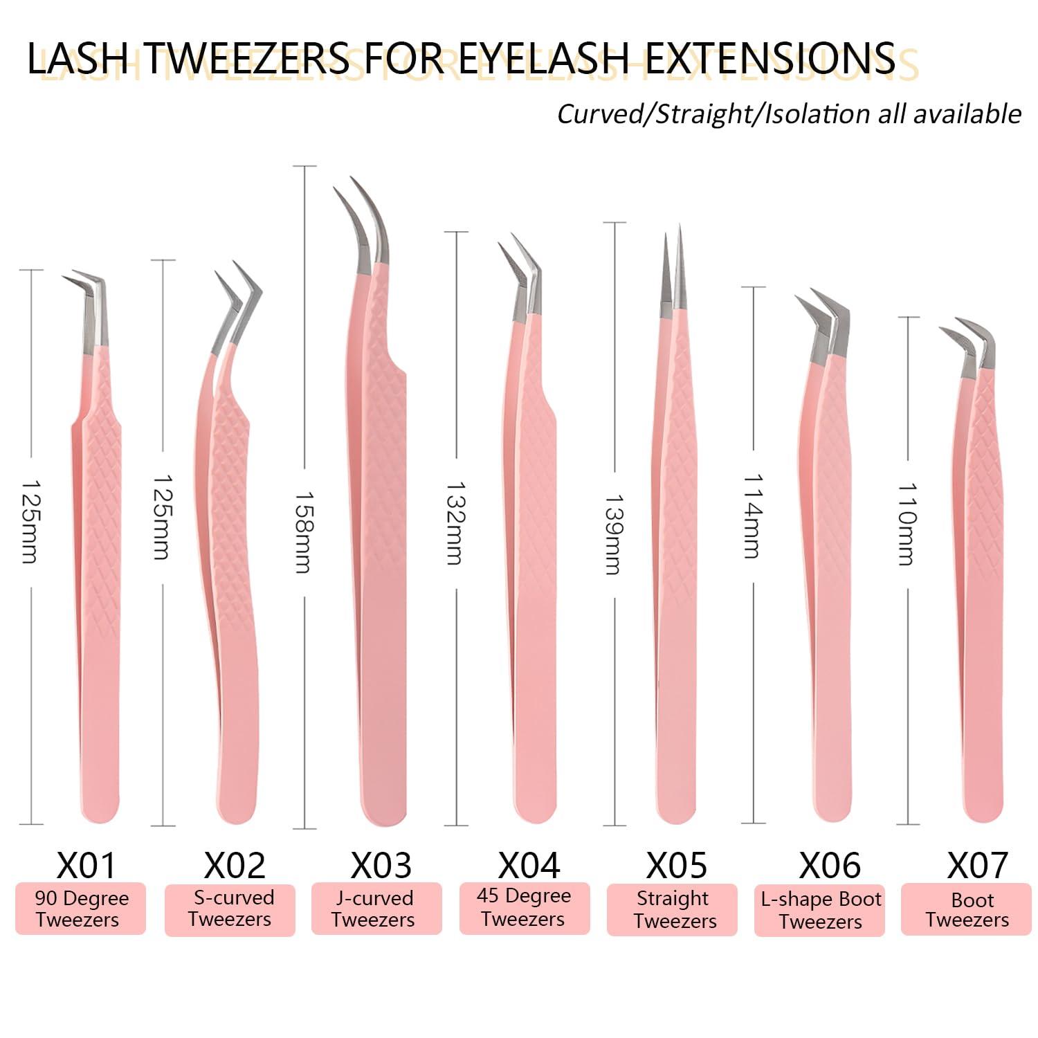XIUSUZAKI Lash Tweezers For Eyelash Extensions Fiber Tip Lash Tweezers Pink Straight/Curved Lash Extension Tweezers Eyelash Tweezers Professional Tweezers For Lash Extensions(Pink,X07)